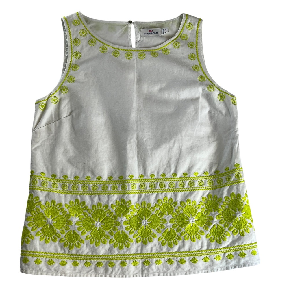 Vineyard Vines White Sleeveless Embroidered Tank with Lime Green Accents